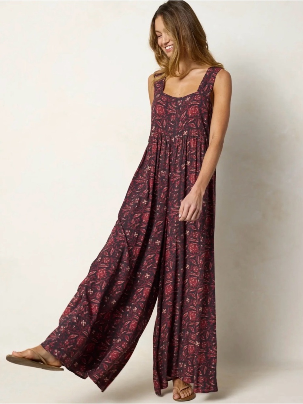 NATURAL LIFE Burgundy Floral Wide-Leg Jumpsuit